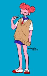 Rule 34 | 1girl, anna (aannnaa3), blue background, blue sailor collar, brown vest, closed eyes, commentary, double bun, eating, english commentary, food, full body, hair bun, hand up, harukaze doremi, highres, holding, holding food, holding ice cream, ice cream, neckerchief, ojamajo doremi, open mouth, pink hair, pleated skirt, popsicle, red neckerchief, sailor collar, school uniform, serafuku, shirt, shoes, short hair, short sleeves, simple background, skirt, solo, standing, sweatdrop, vest, white shirt