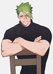 Rule 34 | 1boy, absurdres, achilles (fate), black sweater, brown eyes, chair, crossed arms, fate/grand order, fate (series), green hair, grin, haruakira, highres, looking at viewer, male focus, muscular, muscular male, ribbed sweater, short hair, short sleeves, simple background, sitting, sitting backwards, smile, solo, sweater, undercut, white background