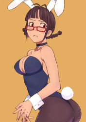 Rule 34 | 1girl, akizuki ritsuko, animal ears, ass, bakushiishi at, bare shoulders, blunt bangs, braid, breasts, brown hair, choker, cleavage, fake animal ears, frown, glasses, idolmaster, idolmaster (classic), large breasts, leotard, looking back, orange background, own hands clasped, own hands together, panties, pantyhose, playboy bunny, rabbit ears, red-framed eyewear, red eyes, short hair, simple background, solo, standing, thong, twin braids, underwear, wrist cuffs, yellow background