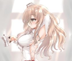 Rule 34 | 1girl, :3, breasts, brown eyes, coffee pot, commentary request, hair between eyes, hat, kantai collection, kasashi (kasasi008), light brown hair, long hair, medium breasts, mini hat, pola (kancolle), profile, shirt, sideboob, smile, solo, thick eyebrows, tilted headwear, upper body, wavy hair, white hat, white shirt