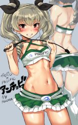 Rule 34 | 10s, 1girl, 2017, absurdres, anchovy (girls und panzer), anchovy (girls und panzer), back, blush, breasts, cleavage, clothes writing, criss-cross halter, drill hair, english text, female focus, from behind, girls und panzer, gluteal fold, green hair, grin, hair ribbon, halterneck, halterneck, highres, imazon, long hair, looking at viewer, midriff, miniskirt, multiple views, navel, race queen, red eyes, ribbon, riding crop, skirt, small breasts, smile, text focus, thighhighs, translation request, twin drills, twintails