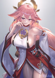 Rule 34 | 1girl, bare shoulders, blush, breasts, commentary request, cowboy shot, cuboon, detached sleeves, genshin impact, grey background, hair ornament, japanese clothes, large breasts, long hair, long sleeves, looking at viewer, miko, parted lips, pink hair, purple eyes, sideboob, simple background, smile, solo, thighs, twitter username, wide sleeves, yae miko