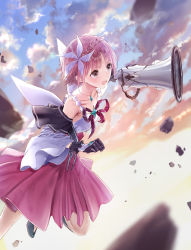 Rule 34 | 1girl, bare shoulders, black gloves, blue reflection (series), blue reflection ray, braid, brown eyes, collarbone, commentary request, debris, detached sleeves, gloves, hair ornament, highres, hirahara hiori, kishida mel, megaphone, pink hair, pink skirt, skirt, solo, wide sleeves
