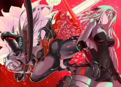 Rule 34 | 1girl, 5girls, absurdres, armored bodysuit, black bodysuit, bodysuit, breasts, closed mouth, goddess of victory: nikke, grey bodysuit, grey hair, halo, headgear, highres, holding, holding sword, holding weapon, inugressive, large breasts, long hair, mass-produced nikke, multiple girls, official alternate costume, petals, red eyes, red theme, rose (nikke), scarlet (black shadow) (nikke), scarlet (nikke), see-through, smile, sword, very long hair, weapon