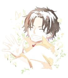 Rule 34 | 1boy, ^ ^, black hair, bug, butterfly, closed eyes, collared shirt, commentary, fish191101756, freckles, insect, jewelry, male focus, necklace, one piece, orange shirt, portgas d. ace, shirt, short hair, smile, solo, upper body