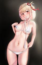 Rule 34 | 1girl, absurdres, backlighting, bikini, bikini in mouth, bird, black background, blonde hair, blush, bob cut, breasts, clothes in mouth, gradient background, hair ribbon, hand up, highres, jewelry, leaning to the side, lycoris recoil, medium breasts, mouth hold, navel, nishikigi chisato, owl, pendant, pharmarr, red eyes, red ribbon, ribbon, short hair, solo, stomach, swimsuit, thighs, untied bikini, white bikini