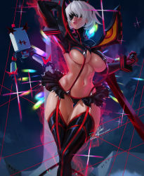Rule 34 | 1girl, absurdres, arm up, artist name, blindfold, boots, breasts, commentary request, cosplay, floating, floating object, garter straps, gloves, highres, hlulani, holding, holding sword, holding weapon, kill la kill, large breasts, lips, long sleeves, matoi ryuuko, matoi ryuuko (cosplay), mole, mole under mouth, navel, nier:automata, nier (series), parted lips, pleated skirt, pod, revealing clothes, robot, shiny skin, short hair, simple background, skirt, stomach, suspenders, sword, thigh boots, thighhighs, thighs, turtleneck, weapon, white hair, 2b (nier:automata)