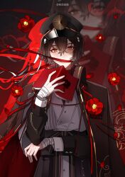 Rule 34 | 1girl, bandaged arm, bandaged hand, bandages, black cape, black jacket, book, brown hair, bungou stray dogs, cape, covered mouth, dazai osamu (bungou stray dogs), flower, genderswap, genderswap (mtf), hat, holding, holding book, jacket, long sleeves, looking at viewer, mizumoe, open book, peaked cap, red eyes, red flower, short hair, solo