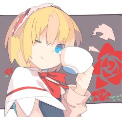 Rule 34 | 1girl, akimaki yuu, alice margatroid, blonde hair, blue eyes, blush, capelet, cup, grey background, hairband, long sleeves, looking at viewer, one eye closed, portrait, short hair, smile, solo, touhou