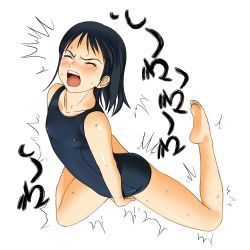 Rule 34 | 1girl, ^^^, a1 (initial-g), absurdres, arched back, barefoot, black hair, blue one-piece swimsuit, blush, closed eyes, covered erect nipples, feet, female masturbation, female orgasm, flat chest, full body, highres, masturbation, one-piece swimsuit, open mouth, orgasm, school swimsuit, short hair, simple background, soles, solo, sweat, swimsuit, tears, tiptoes, toes, trembling, upside-down, wet