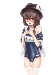 Rule 34 | 1girl, alternate costume, bow, brown eyes, brown hair, fuente, hair bow, hat, highres, name tag, off shoulder, old school swimsuit, one-piece swimsuit, open mouth, school swimsuit, school uniform, short hair, simple background, solo, swimsuit, touhou, usami renko, wet
