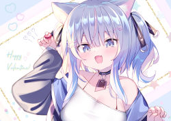 Rule 34 | 1girl, animal ear fluff, animal ears, bare shoulders, blush, breasts, cat ears, cat girl, chocolate, claw pose, collar, collarbone, commentary, crossed bangs, d omm, fang, food, grey eyes, grey hair, grey jacket, hair ornament, hairclip, hand up, happy valentine, heart, heart hair ornament, holding, holding chocolate, holding food, holding heart, jacket, jacket partially removed, large breasts, long hair, long sleeves, looking at viewer, mixed-language commentary, multicolored background, multicolored hair, open mouth, original, pink hair, polka dot, polka dot background, shirt, short hair with long locks, sidelocks, skin fang, sleeveless, sleeveless shirt, smile, solo, star (symbol), starry background, streaked hair, twintails, upper body, valentine, white background, white shirt