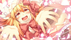 Rule 34 | 1girl, blonde hair, blush, bow, dress, hat, lily white, long hair, long sleeves, nyagakiya, open mouth, outstretched arms, outstretched hand, red eyes, smile, solo, touhou, wings