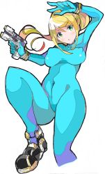 Rule 34 | 1girl, arm up, blonde hair, blue bodysuit, bodysuit, breasts, covered erect nipples, covered navel, enpe, green eyes, gun, hair between eyes, handgun, highres, holding, holding gun, holding weapon, large breasts, leg up, long hair, metroid, nintendo, open mouth, ponytail, samus aran, simple background, solo, v-shaped eyebrows, weapon, white background, zero suit