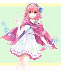 Rule 34 | 1girl, brown eyes, curly hair, dress, fire emblem, fire emblem echoes: shadows of valentia, fire emblem heroes, genny (fire emblem), hair ornament, hairband, jewelry, necklace, nintendo, open mouth, pink hair, polka dot, polka dot background, short hair, solo, yuyu (spika)