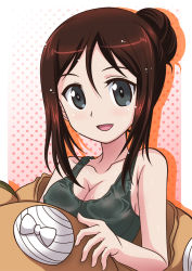 Rule 34 | 10s, 1girl, :d, black shirt, breasts, brown hair, character request, cleavage, collarbone, covered erect nipples, girls und panzer, grey eyes, hair between eyes, hair bun, hanzou, highres, looking at viewer, medium breasts, open mouth, parted bangs, shirt, sideboob, sidelocks, single hair bun, sleeveless, sleeveless shirt, smile, solo, upper body