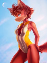 Rule 34 | 1girl, :3, ancesra, animal ears, animal nose, artist name, bare shoulders, blue background, blue eyes, blue sky, body fur, breasts, closed mouth, collarbone, commission, cowboy shot, day, fang, female focus, fiona fox, fox ears, fox girl, fox tail, furry, furry female, hand on own hip, happy, highres, medium breasts, moon, one-piece swimsuit, open swimsuit, outdoors, patreon username, red fur, red hair, short hair, sidelocks, sky, smile, snout, solo, sonic (series), sonic the hedgehog (archie comics), standing, swimsuit, tail, thighs, two-tone fur, two-tone swimsuit, unzipped, watermark, web address, white one-piece swimsuit, yellow one-piece swimsuit, zipper, zipper pull tab