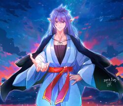 Rule 34 | 1boy, azudra (helck), beckoning, black coat, blue robe, cloud, coat, coat on shoulders, cowboy shot, dated, hand on own hip, helck, long hair, male focus, outstretched arm, pointy ears, purple eyes, purple hair, reaching, reaching towards viewer, robe, sash, sky, smile, solo, straight-on, yuzuka-53