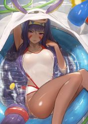 Rule 34 | 1girl, animal ears, arm up, armpits, bad id, bad pixiv id, blunt bangs, blush, breasts, competition swimsuit, dark-skinned female, dark skin, eyeliner, facial mark, fate/grand order, fate (series), from above, hairband, highleg, highleg swimsuit, large breasts, long hair, looking at viewer, lying, makeup, medjed (fate), nitocris (fate), nitocris (fate/grand order), nitocris (swimsuit assassin) (fate), nitocris (swimsuit assassin) (second ascension) (fate), on back, one-piece swimsuit, parted lips, partially submerged, purple eyes, purple hair, reido (reido c), rubber duck, solo, swimsuit, very long hair, wading pool, wet, white one-piece swimsuit