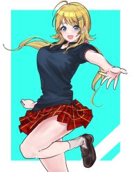 Rule 34 | 1girl, :d, ahoge, black footwear, blonde hair, blue eyes, blue shirt, breasts, feet out of frame, hachimiya meguru, hair ornament, hairclip, highres, idolmaster, idolmaster shiny colors, large breasts, leg up, loafers, looking at viewer, low twintails, open mouth, outstretched arm, plaid, plaid skirt, pleated skirt, polo shirt, school uniform, shirt, shoes, simple background, skirt, smile, solo, syopota, twintails, white legwear