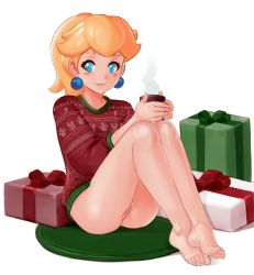 Rule 34 | 1girl, barefoot, blonde hair, blue eyes, blush stickers, bottomless, box, christmas, christmas sweater, crossed ankles, cup, earrings, feet, full body, gift, gift box, jewelry, lips, long hair, looking at viewer, mario (series), mug, naked sweater, nintendo, no panties, pink lips, ponytail, princess peach, print sweater, pussy, pussy peek, red sweater, solo, sphere earrings, squeezable (squeezabledraws), sweater, toes, uncensored