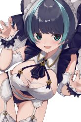 Rule 34 | 1girl, absurdres, aqua eyes, aqua hair, aqua nails, armband, azur lane, black hair, black panties, black ribbon, blunt bangs, breasts, cheshire (azur lane), claw pose, cleavage, cleavage cutout, clothing cutout, collared shirt, commentary request, fang, frilled armband, frilled cuffs, frilled hairband, frills, garter belt, hairband, highres, large breasts, leaning forward, looking at viewer, medium hair, misonikomi, multicolored hair, nail polish, navel, neck ribbon, open mouth, panties, partial commentary, ribbon, shirt, smile, solo, standing, streaked hair, thigh gap, thighhighs, underwear, white background, white garter belt, white hairband, white shirt, white thighhighs