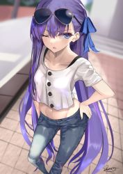 Rule 34 | 1girl, blue eyes, blue ribbon, breasts, casual, day, denim, eyewear on head, fate/grand order, fate (series), hand on own hip, jeans, kesoshirou, long hair, looking at viewer, meltryllis (fate), midriff, one eye closed, open mouth, pants, purple hair, ribbon, small breasts, solo, sunglasses