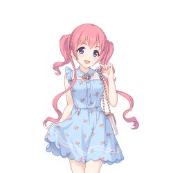 Rule 34 | bag, blue dress, dress, floral dress, floral print, long hair, looking ahead, looking at viewer, official art, pink hair, princess connect!, purple eyes, shoulder bag, tachi-e, transparent background, tsumugi (princess connect!), tsumugi (real) (princess connect!), twintails