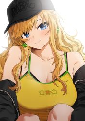 Rule 34 | 1girl, baseball cap, blonde hair, blue eyes, blush, breasts, camisole, cleavage, closed mouth, collarbone, earrings, eyebrows hidden by hair, goshiki suzu, gyaru, hat, head tilt, highres, idolmaster, idolmaster cinderella girls, jacket, jewelry, knees to chest, large breasts, layered clothes, long hair, looking at viewer, off shoulder, ohtsuki yui, simple background, smile, solo, star (symbol), star earrings, wavy hair, white background