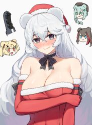 Rule 34 | 1boy, 4girls, allen.n, alternate eye color, animal ears, arknights, bear ears, blush, breasts, choker, christmas, disembodied head, doctor (arknights), dress, elbow gloves, frilled choker, frills, fur-trimmed dress, fur-trimmed gloves, fur trim, gloves, grey eyes, grey hair, gummy (arknights), hat, highres, holding own arm, istina (arknights), large breasts, long hair, multiple girls, no heterochromia, red dress, red gloves, rosa (arknights), santa dress, santa hat, smile, strapless, strapless dress, upper body, very long hair, wavy mouth, zima (arknights)