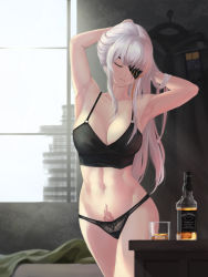 Rule 34 | 1girl, absurdres, alcohol, armpits, arms up, bare arms, bare shoulders, bed, black coat, black panties, blanket, bottle, breasts, building, camisole, cleavage, closed eyes, closed mouth, coat, unworn coat, collarbone, cowboy shot, cup, day, drinking glass, artistic error, eyepatch, facing viewer, female pubic hair, girls&#039; frontline, hairdressing, head tilt, highres, indoors, jack daniel&#039;s, large breasts, light smile, m16a1 (boss) (girls&#039; frontline), m16a1 (girls&#039; frontline), multicolored hair, navel, one eye covered, orange hair, panties, pubic hair, sangvis ferri, silver hair, solo, spoilers, stomach, streaked hair, table, tattoo, toned, un lim, underwear, underwear only, whiskey, window