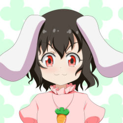 Rule 34 | &gt;:3, 1girl, :3, animal ears, black hair, carrot necklace, cato (monocatienus), doyagao, floppy ears, inaba tewi, looking at viewer, necklace, rabbit ears, red eyes, short hair, smile, smug, solo, touhou, v-shaped eyebrows