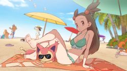 Rule 34 | 1girl, :o, absurdres, acerola (pokemon), barefoot, beach, beach towel, bikini, blue sky, breasts, brown hair, cleavage, collarbone, commentary, commentary request, creatures (company), crossed legs, english commentary, forehead, frilled bikini, frills, from side, game freak, gen 1 pokemon, gen 2 pokemon, gen 3 pokemon, gen 7 pokemon, greatm8, green bikini, hair bobbles, hair ornament, highres, horizon, jasmine (pokemon), krabby, light brown hair, long hair, looking at viewer, medium breasts, mimikyu, misty (pokemon), navel, nintendo, outdoors, palm tree, parasol, photoshop (medium), pokemon, pokemon frlg, pokemon gsc, pokemon masters ex, pokemon sm, pokemon xy, sightseer (pokemon), sitting, skitty, sky, soles, source filmmaker (medium), sunglasses, swimmer (pokemon), swimsuit, toes, totodile, towel, tree, umbrella, wingull