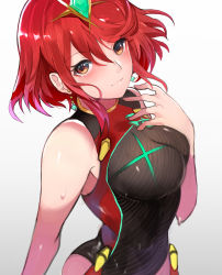 Rule 34 | 1girl, bare arms, bare shoulders, blush, breasts, brown eyes, closed mouth, commentary request, competition swimsuit, earrings, hand up, highres, jewelry, looking at viewer, medium breasts, one-piece swimsuit, pyra (pro swimmer) (xenoblade), pyra (xenoblade), red hair, short hair, simple background, sleeveless, smile, solo, swimsuit, tarbo (exxxpiation), tiara, upper body, water, water drop, wet, xenoblade chronicles (series), xenoblade chronicles 2