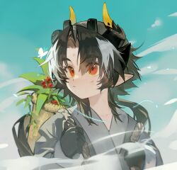 Rule 34 | 1boy, aged down, arknights, black hair, black horns, bug, butterfly, carrying, chinese commentary, chong yue (arknights), closed mouth, commentary request, dragon boy, dragon horns, energy, eyes visible through hair, glowing butterfly, grey hair, grey kimono, highres, horns, insect, japanese clothes, kimono, long hair, long sleeves, looking to the side, male focus, multicolored hair, orange eyes, plant, pointy ears, rope, solo, streaked hair, tuoshui fan fanqie, upper body, yellow horns