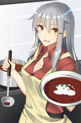 Rule 34 | 10s, 1girl, apron, belt, black belt, borscht (food), bowl, breasts, cleavage, cooking, food, gangut (kancolle), hair between eyes, hair flaps, hair ornament, hairclip, hairflaps, highres, kantai collection, kitchen, ladle, large breasts, long hair, looking at viewer, open clothes, open mouth, open shirt, orange eyes, pallad, pot, red shirt, scar, shirt, silver hair, solo, tiles