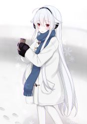 Rule 34 | 1girl, ahoge, aphilia (kiyomin), black gloves, blue scarf, blush, cold, gloves, graphite (medium), headband, highres, holding, kiyomin, long hair, long sleeves, looking at viewer, mechanical pencil, original, pantyhose, parted lips, pencil, red eyes, scarf, snow, solo, traditional media, very long hair, white hair, white pantyhose, winter, winter clothes