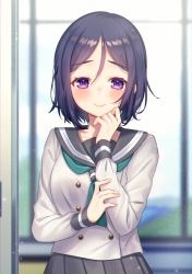 Rule 34 | 10s, 1girl, alternate hair length, alternate hairstyle, aqua neckerchief, black sailor collar, black skirt, blurry, blurry background, blush, closed mouth, depth of field, grey shirt, hand on own arm, hand on own face, indoors, long sleeves, looking at viewer, love live!, love live! sunshine!!, matsuura kanan, moyui (myi 005), neckerchief, parted bangs, pleated skirt, purple eyes, purple hair, sailor collar, school uniform, shirt, short hair, skirt, smile, solo, tareme, upper body, uranohoshi school uniform, window