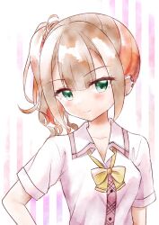 Rule 34 | 1girl, arm at side, blunt bangs, blush, bow, breasts, brown hair, closed mouth, commentary, ear piercing, earrings, eyelashes, eyes visible through hair, green eyes, gyaru, hair between eyes, head tilt, highres, jewelry, kogal, looking at viewer, pastel colors, piercing, sesen2000, shiraishi chika, shirt, short sleeves, side ponytail, simple background, small breasts, smile, solo, straight-on, striped, striped background, stud earrings, tenshi souzou re-boot!, wavy hair, white background, white shirt, yellow bow