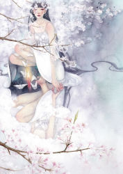 Rule 34 | 1girl, bare arms, barefoot, blunt bangs, body blush, bug, candle, cherry blossoms, dress, expressionless, eyeshadow, flower, highres, holding hands, insect, interlocked fingers, lace, lips, long hair, looking at viewer, makeup, moth, original, painting (medium), parted lips, realistic, reflection, shuka (taupe), sleeveless, sleeveless dress, solo, squatting, strap slip, surreal, traditional media, very long hair, water, watercolor (medium), white dress