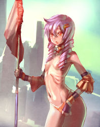 Rule 34 | 1girl, bow (bhp), brown eyes, detached sleeves, drill hair, fingerless gloves, flag, flat chest, gloves, hair ornament, hairclip, navel, nipples, original, panties, pink hair, ribs, solo, topless, twin drills, twintails, underwear