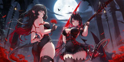 2girls alternate_costume animal_ears arm_behind_back ass back backless_dress backless_outfit bare_shoulders black_dress black_hair black_sleeves black_thighhighs breasts cleavage closed_mouth colored_inner_hair commentary_request cowboy_shot detached_sleeves dress earrings ellen_joe fins fish_tail flower full_moon glowing glowing_eyes green_eyes hair_ornament holding holding_flower holding_scythe jane_doe_(zenless_zone_zero) jewelry large_breasts long_hair looking_at_viewer mitsu_(mitsu_art) moon mouse_ears mouse_girl mouse_tail multicolored_hair multiple_girls night night_sky paid_reward_available parted_lips patreon_username red_eyes red_flower red_hair red_rose rose scythe shark_girl shark_tail short_hair shoulder_blades side_slit sidelocks single_thighhigh sky standing tail thighhighs thighs zenless_zone_zero