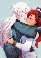 Rule 34 | 2girls, absurdres, after kiss, ahoge, closed eyes, grey eyes, gundam, gundam suisei no majo, hairband, heart, highres, hug, light blush, long hair, looking at another, manakaze, military, military uniform, miorine rembran, multiple girls, ponytail, red hair, saliva, saliva trail, simple background, suletta mercury, teeth, tongue, tongue out, uniform, upper teeth only, very long hair, white hair, yuri
