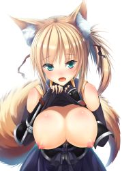 Rule 34 | 10s, 1girl, animal ears, aqua eyes, armor, bad id, bad pixiv id, bare shoulders, blonde hair, blush, breasts, brown hair, clothes lift, dog days, elbow gloves, fang, fingerless gloves, fox ears, fox tail, gauntlets, gloves, green eyes, highres, japanese clothes, large breasts, looking at viewer, nipples, open mouth, ponytail, re:n ne, shirt lift, solo, tail, yukikaze panettone