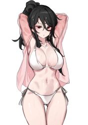 1girl absurdres armpits arms_up bandit-chan_(k0ng) bikini black_hair cowboy_shot highres k0ng long_hair looking_at_viewer navel open_clothes open_shirt original pink_shirt ponytail red_eyes see-through see-through_shirt shirt solo standing stomach swimsuit thighs white_bikini