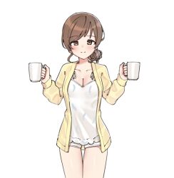 Rule 34 | aa211108, blush, breasts, brown hair, camisole, cardigan, cleavage, collarbone, commentary, cowboy shot, cup, hair bun, hands up, holding, holding cup, idolmaster, idolmaster cinderella girls, idolmaster cinderella girls starlight stage, light smile, looking at viewer, medium breasts, mug, nitta minami, shorts, simple background, single side bun, white background, white camisole, white shorts, yellow cardigan