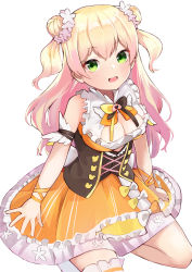 Rule 34 | 1girl, blonde hair, bow, breasts, cleavage, cleavage cutout, clothing cutout, commentary, corset, double bun, english commentary, fang, gradient hair, hair bun, hololive, kneeling, kobi (piliheros2000), medium breasts, momosuzu nene, multicolored hair, open hand, open mouth, orange skirt, pink hair, single thighhigh, skirt, solo, thighhighs, two side up, virtual youtuber