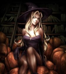 Rule 34 | 1girl, artdink, bare shoulders, blonde hair, book, breasts, curvy, dark, deneb rove, elbow gloves, covered erect nipples, gloves, hat, legs, library, lips, long hair, medium breasts, nabe (crow&#039;s head), naughty face, pantyhose, pumpkin, sitting, solo, tactics ogre, witch (tactics ogre), witch hat