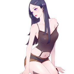 Rule 34 | 1girl, black hair, blue eyes, caitlyn (league of legends), heather37, highres, league of legends, lipstick, long hair, makeup, midriff, navel, red lips, shorts, solo, tank top, white background
