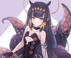 Rule 34 | 1girl, black dress, black gloves, blue eyes, blunt bangs, breasts, choker, cowboy shot, detached sleeves, dress, fur trim, gloves, halo, headpiece, hololive, hololive english, leonmandala, long hair, looking at viewer, mole, mole under eye, ninomae ina&#039;nis, ninomae ina&#039;nis (1st costume), pointy ears, purple hair, sidelocks, simple background, single detached sleeve, small breasts, smile, solo, strapless, strapless dress, tentacles, virtual youtuber